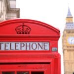 Classic red telephone booth with Big Ben in the background, symbolizing London.